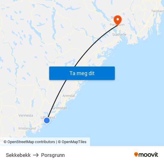 Sekkebekk to Porsgrunn map