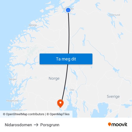 Nidarosdomen to Porsgrunn map
