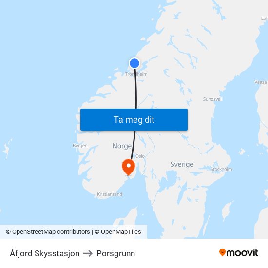 Åfjord Skysstasjon to Porsgrunn map