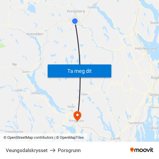 Veungsdalskrysset to Porsgrunn map