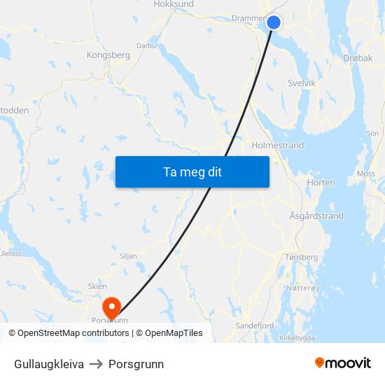 Gullaugkleiva to Porsgrunn map