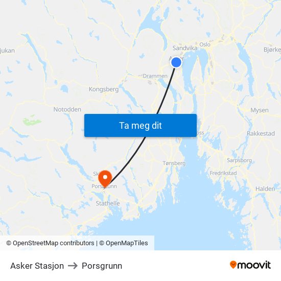 Asker Stasjon to Porsgrunn map