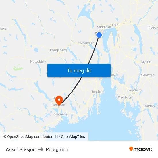Asker Stasjon to Porsgrunn map