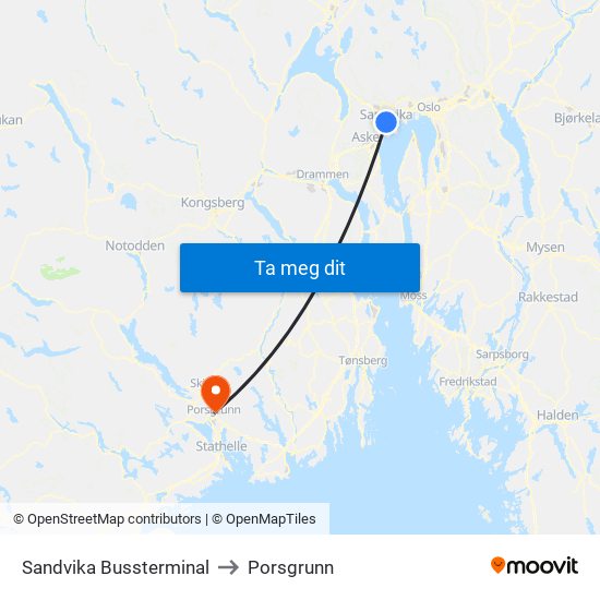 Sandvika Bussterminal to Porsgrunn map