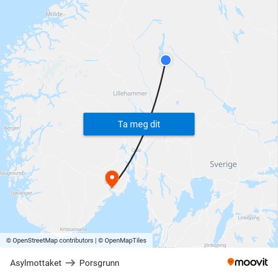 Asylmottaket to Porsgrunn map