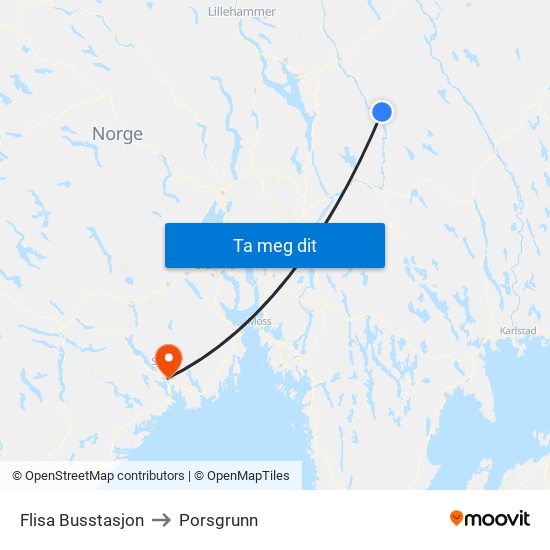 Flisa Busstasjon to Porsgrunn map