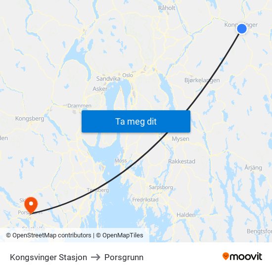 Kongsvinger Stasjon to Porsgrunn map