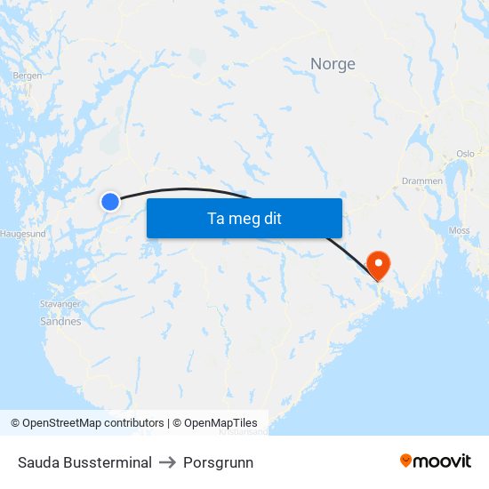 Sauda Bussterminal to Porsgrunn map