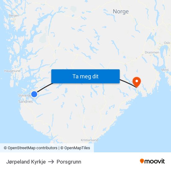 Jørpeland Kyrkje to Porsgrunn map