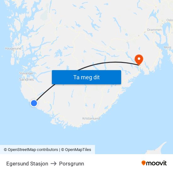 Egersund Stasjon to Porsgrunn map