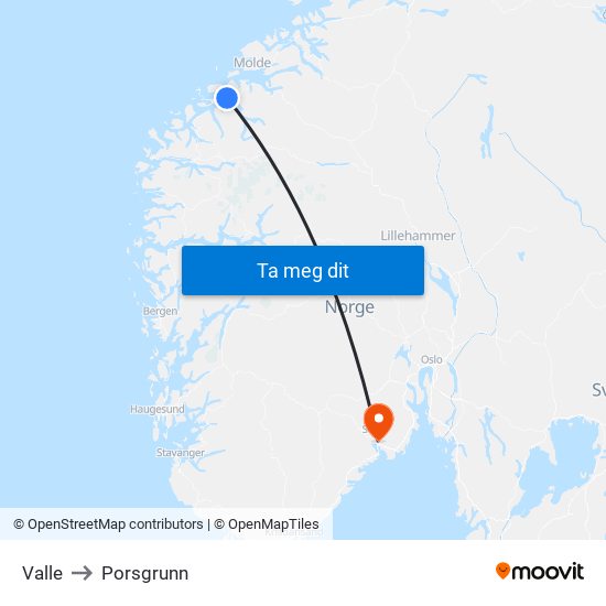 Valle to Porsgrunn map