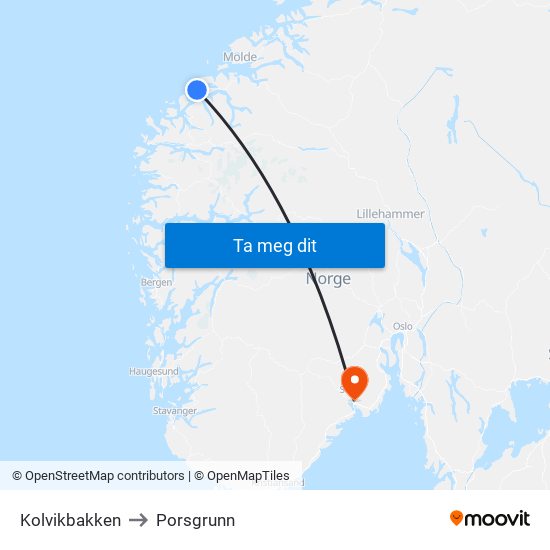 Kolvikbakken to Porsgrunn map