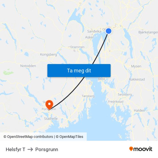 Helsfyr T to Porsgrunn map