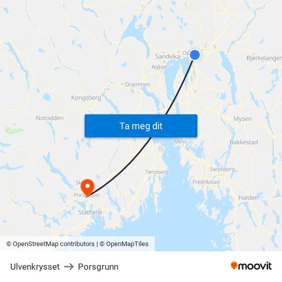 Ulvenkrysset to Porsgrunn map