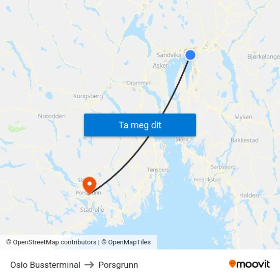 Oslo Bussterminal to Porsgrunn map
