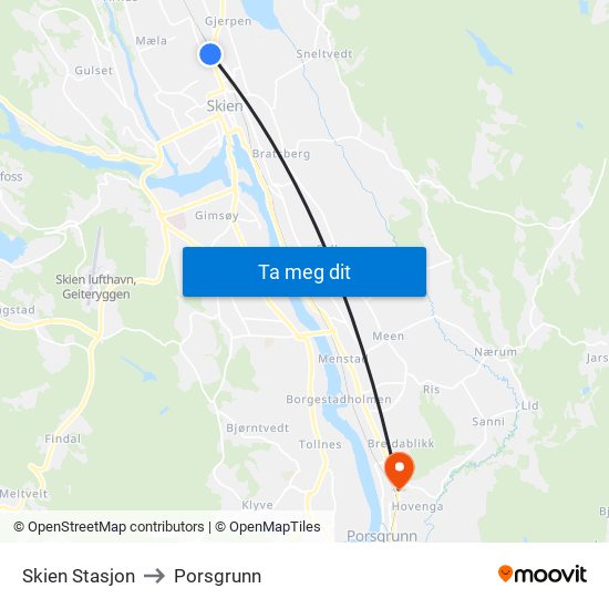 Skien Stasjon to Porsgrunn map