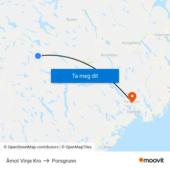 Åmot Vinje Kro to Porsgrunn map