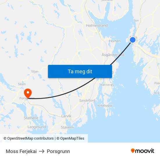 Moss Ferjekai to Porsgrunn map