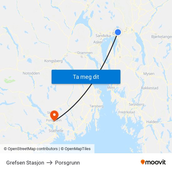 Grefsen Stasjon to Porsgrunn map