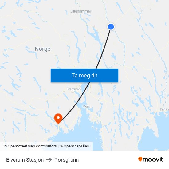 Elverum Stasjon to Porsgrunn map