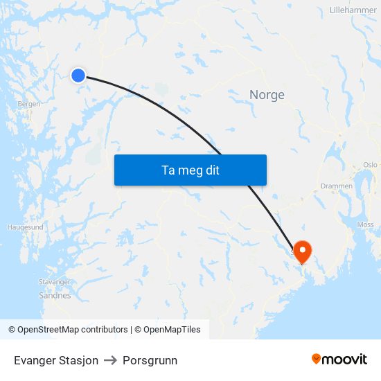 Evanger Stasjon to Porsgrunn map