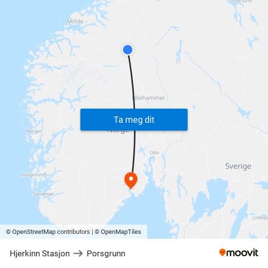 Hjerkinn Stasjon to Porsgrunn map