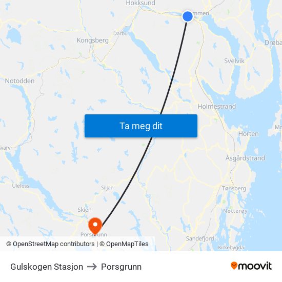 Gulskogen Stasjon to Porsgrunn map