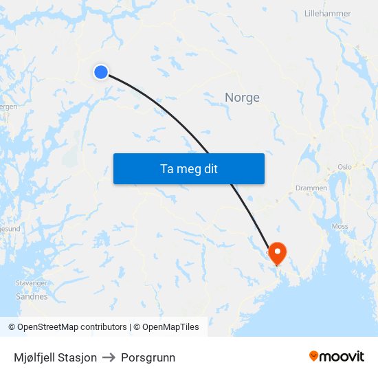 Mjølfjell Stasjon to Porsgrunn map