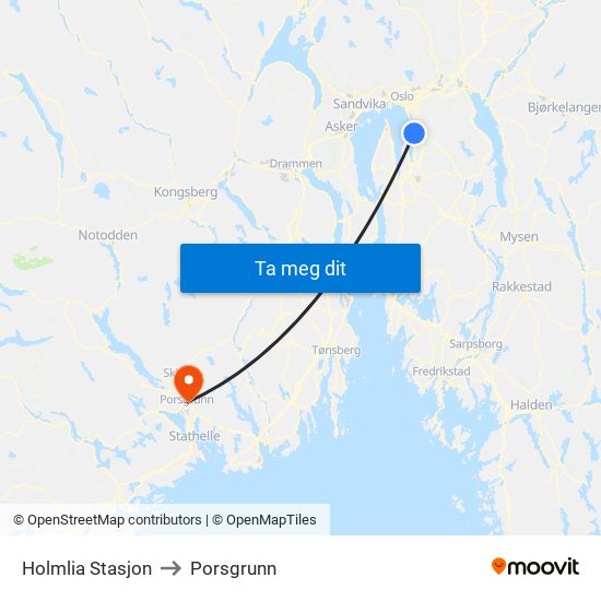 Holmlia Stasjon to Porsgrunn map