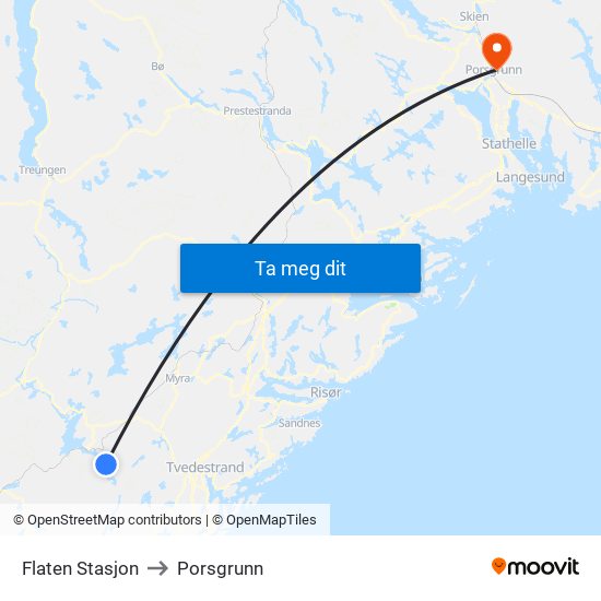 Flaten Stasjon to Porsgrunn map