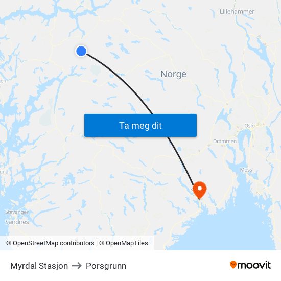 Myrdal Stasjon to Porsgrunn map