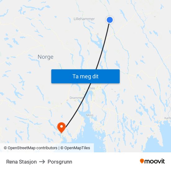 Rena Stasjon to Porsgrunn map