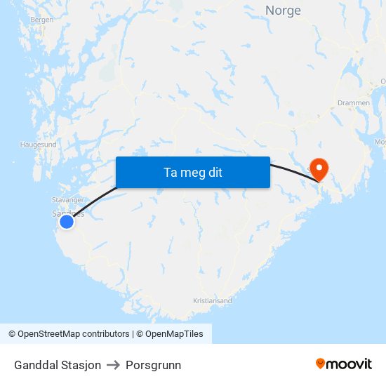 Ganddal Stasjon to Porsgrunn map