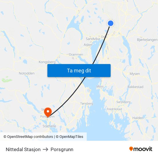 Nittedal Stasjon to Porsgrunn map