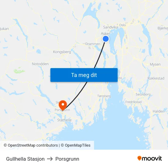 Gullhella Stasjon to Porsgrunn map