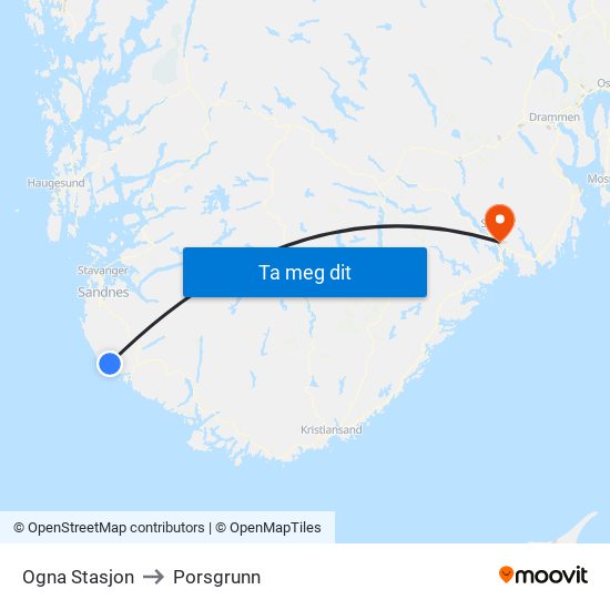 Ogna Stasjon to Porsgrunn map
