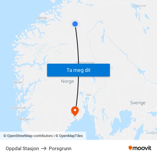 Oppdal Stasjon to Porsgrunn map