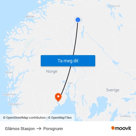 Glåmos Stasjon to Porsgrunn map