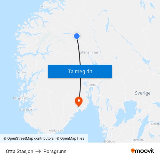 Otta Stasjon to Porsgrunn map