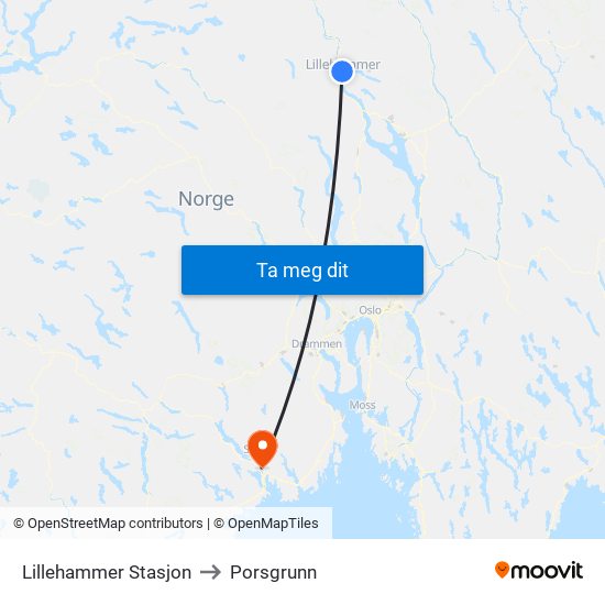 Lillehammer Stasjon to Porsgrunn map