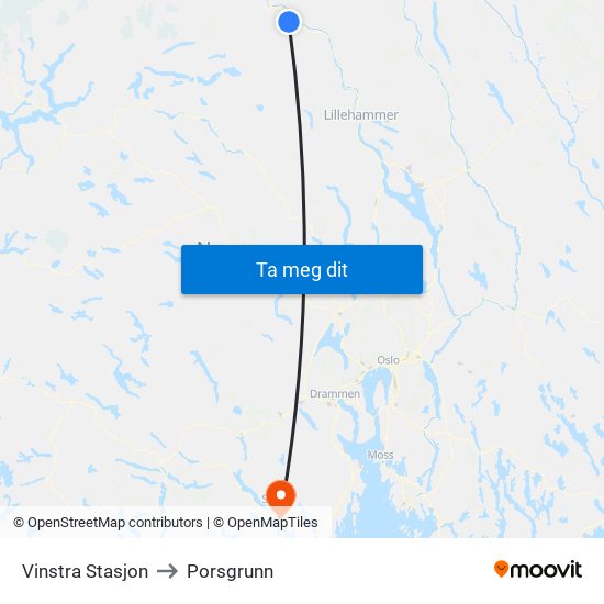 Vinstra Stasjon to Porsgrunn map