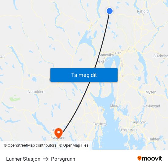 Lunner Stasjon to Porsgrunn map