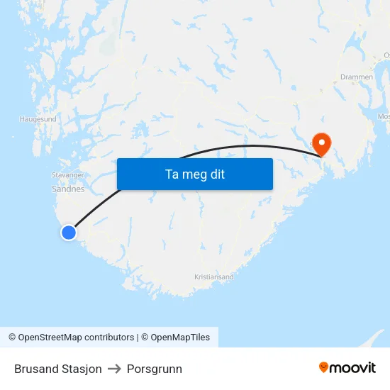 Brusand Stasjon to Porsgrunn map