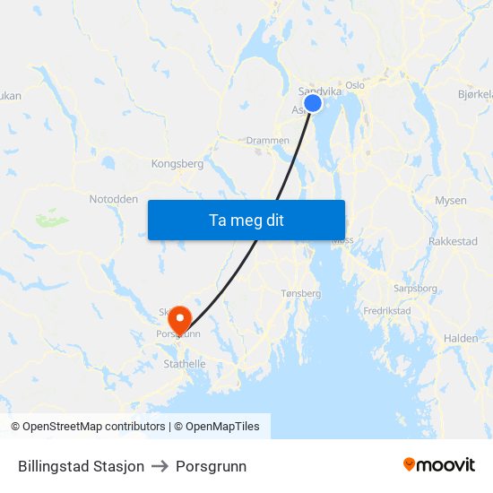 Billingstad Stasjon to Porsgrunn map