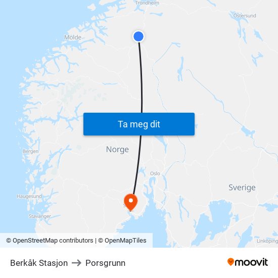 Berkåk Stasjon to Porsgrunn map