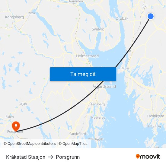 Kråkstad Stasjon to Porsgrunn map