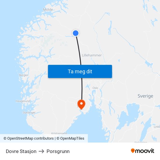 Dovre Stasjon to Porsgrunn map