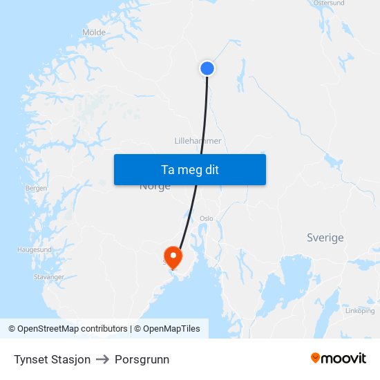 Tynset Stasjon to Porsgrunn map