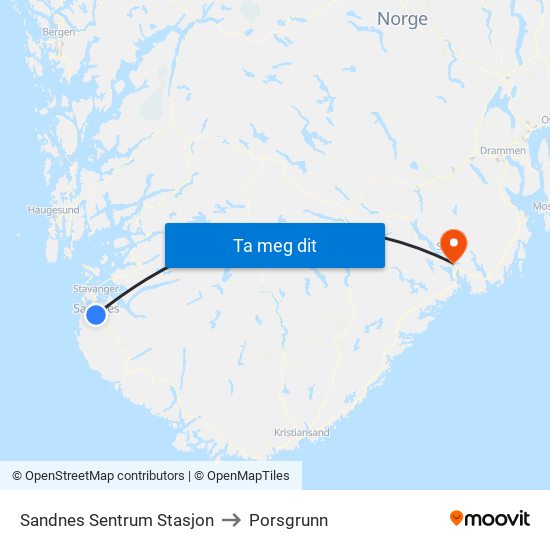 Sandnes Sentrum Stasjon to Porsgrunn map