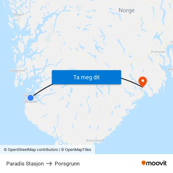 Paradis Stasjon to Porsgrunn map